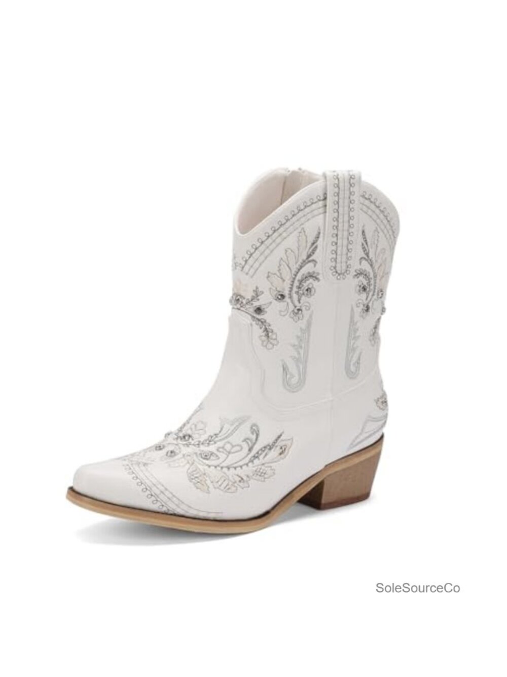 Rhinestone Embroidered Ankle Cowboy Boots Low Heel Side Zipper